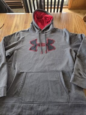 Men's Under Armour Gray Hoodie with Red Lined Hood and Red Logo Accents